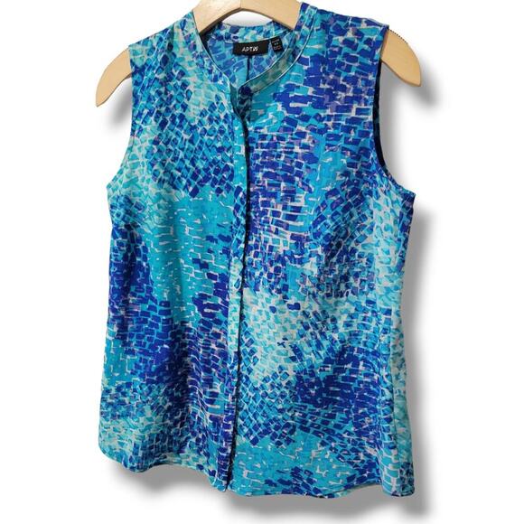 Apt 9 Women's PETITE blue abstract pattern sleeveless button-down Blouse - SP - Picture 2 of 7